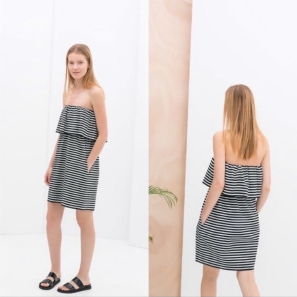 Zara- Black White Trafaluc Striped Strapless Casual Dress. Size M